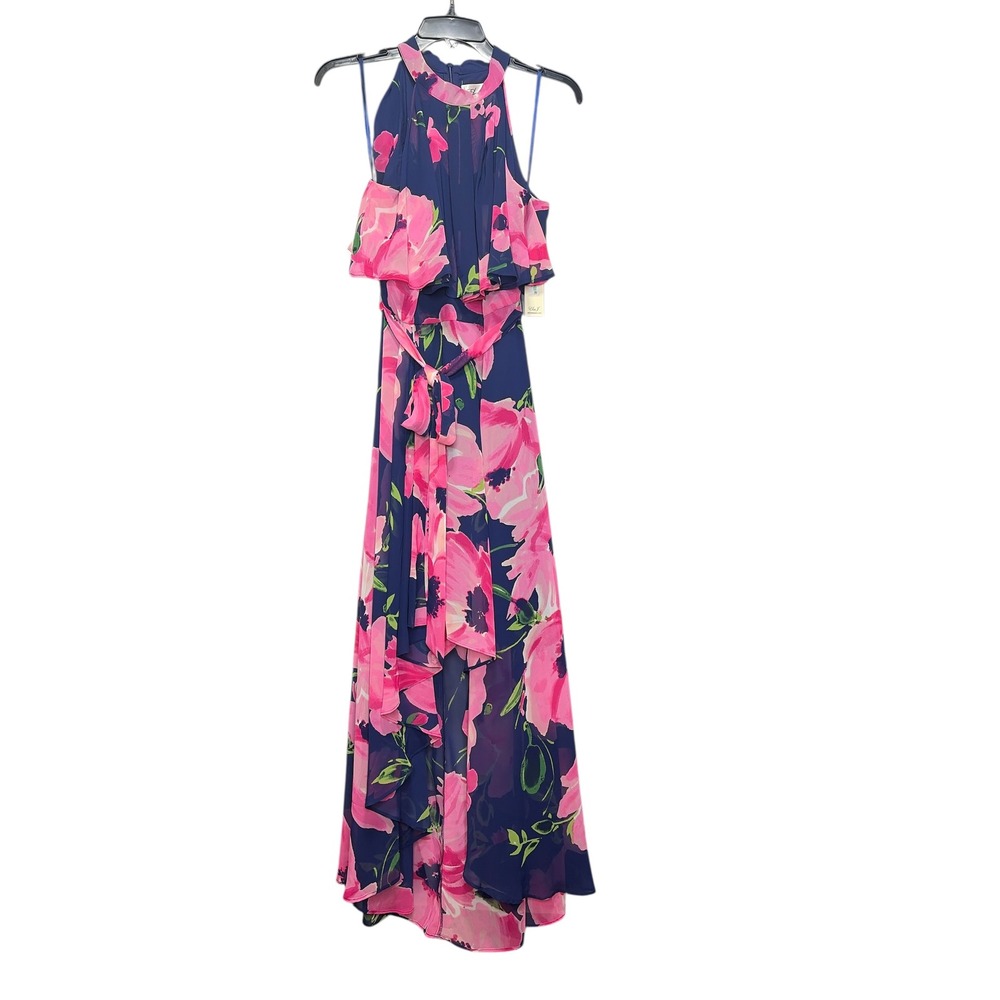Eliza‎ J Maxi Dress Halter High Low Floral Pink Navy Sz 8 - Picture 2 of 8
